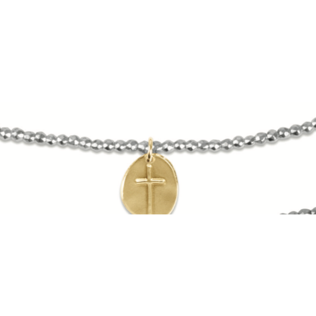 17" Choker Bright Silver Faceted Hematite 2mm Bead - Inspire Small Gold Charm