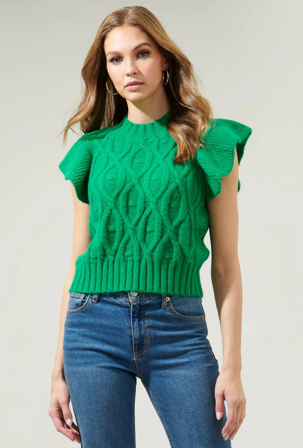 Tatum Flutter Cable Knit Sweater - Kelly Green