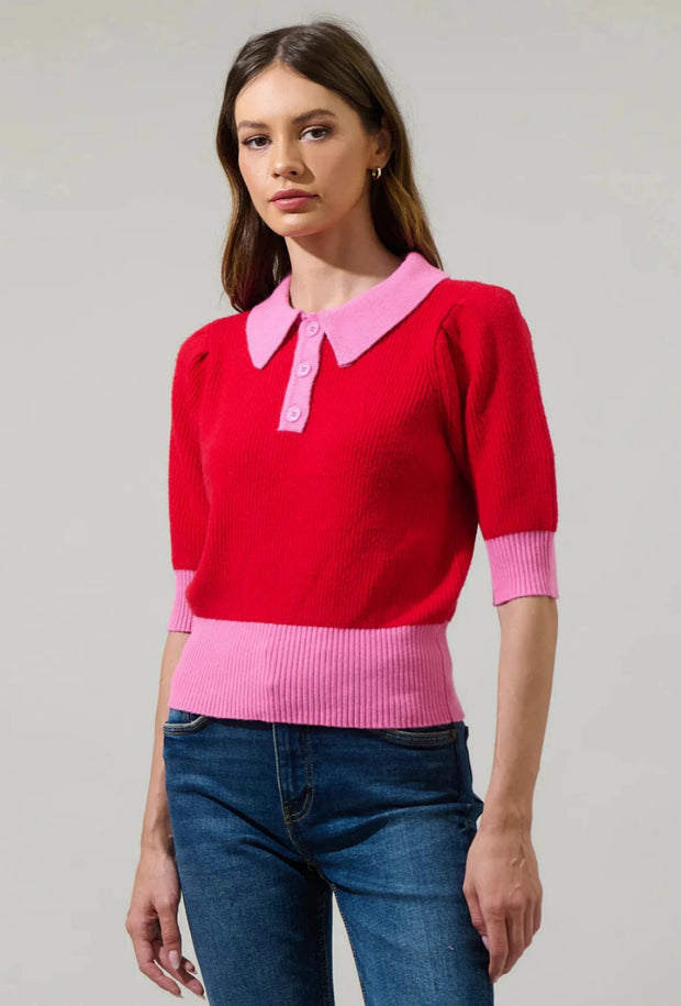 Margot Color Block Collared Sweater - Red/Pink