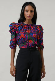 Ravenna Midnight Floral Sleeve Top - Navy/ Fuchsia