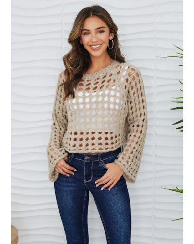 Cropped Open Knit Fuzzy Sweater - Beige