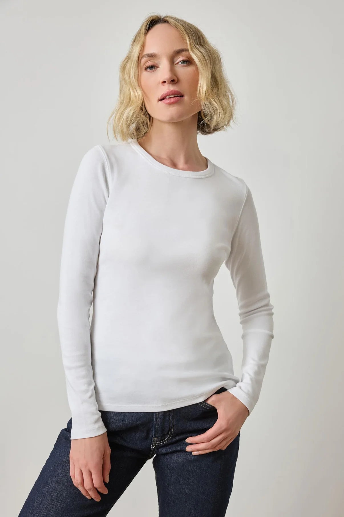 1x1 Rib Long Sleeve Crew Neck Tee - White