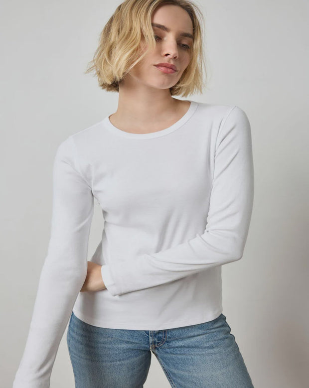 1x1 Rib Long Sleeve Crew Neck Tee - White