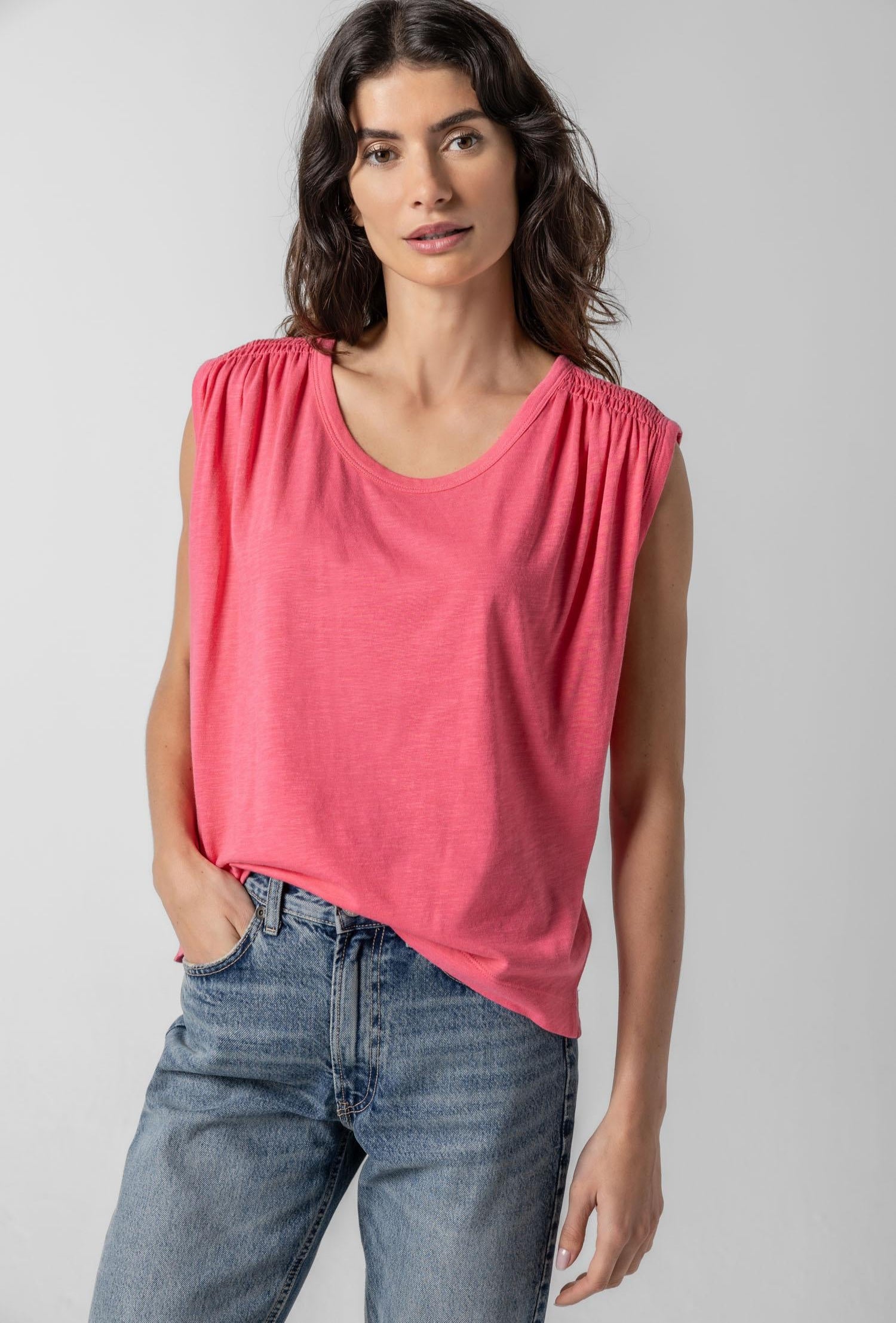 Shirred Shoulder Scoop Neck - Punch
