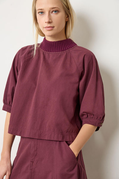 Knit Collar Twill Top - Merlot