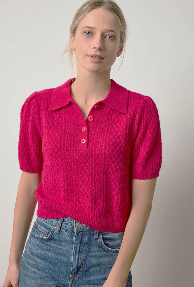 Mixed Stitch Elbow Sleeve Polo - Fuchsia