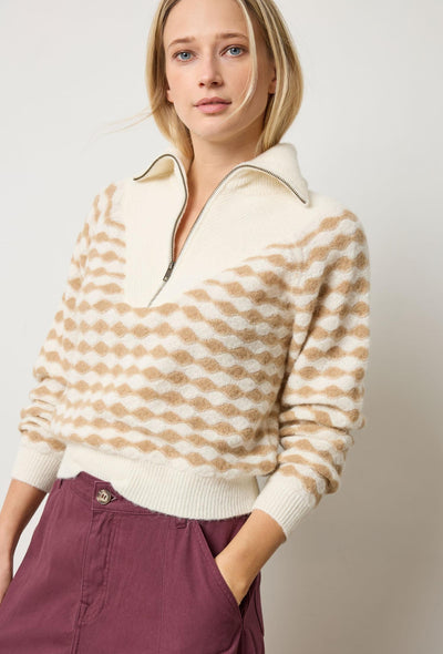 Mixed Stitch Half Zip- Ivory/Birch