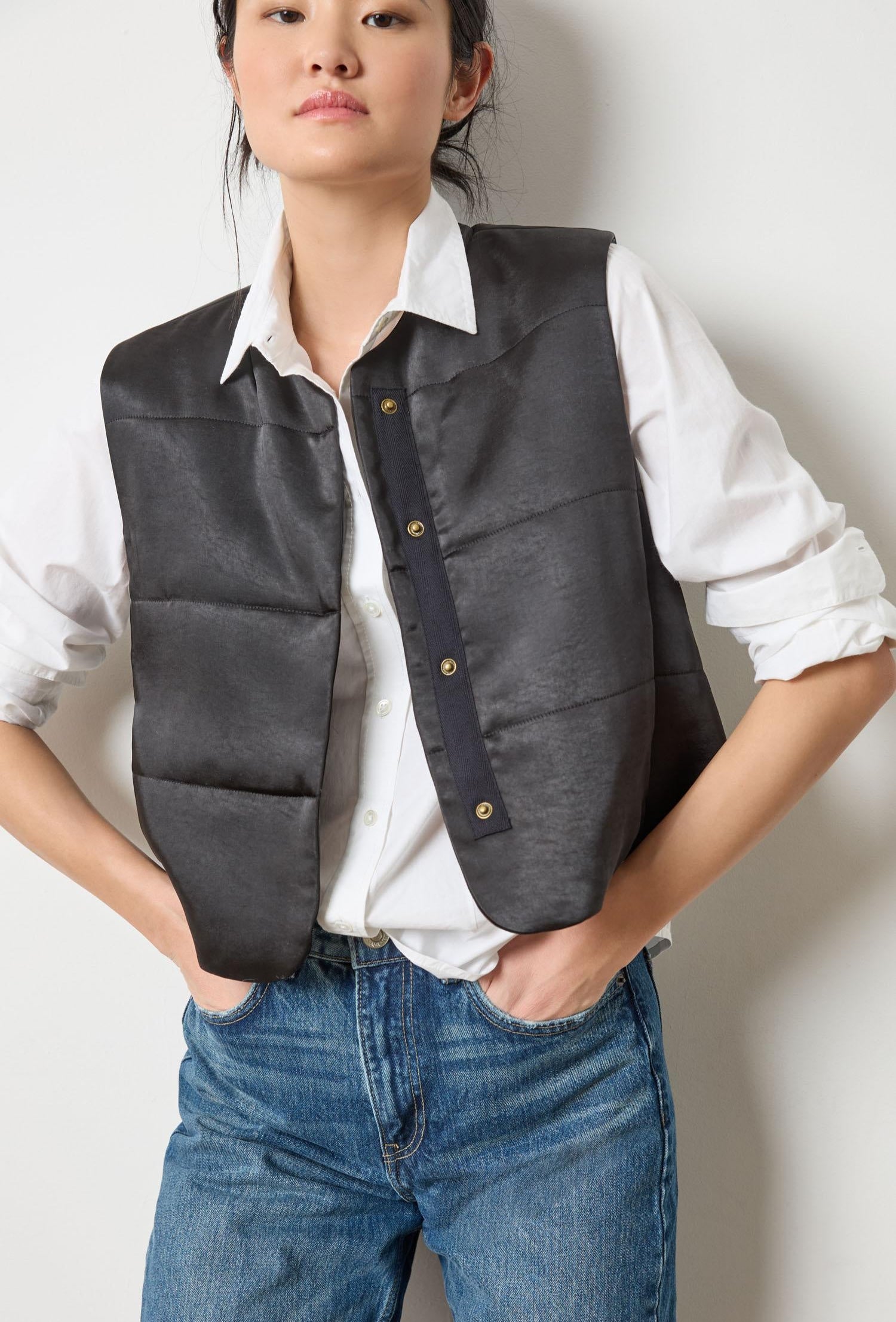 Satin Quilted Vest - Black