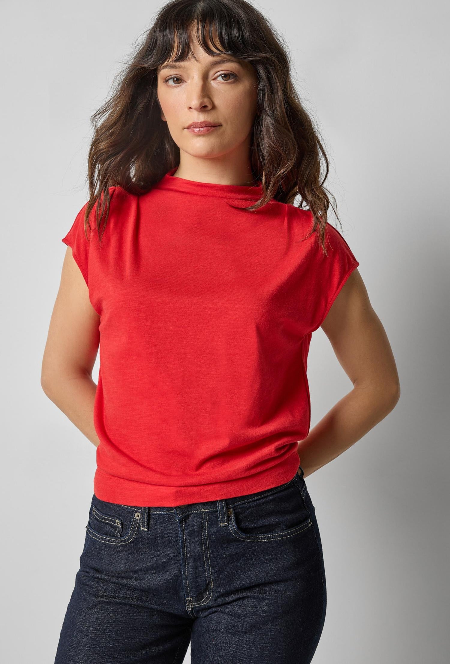 Cap Sleeve Mock Neck - Cherry