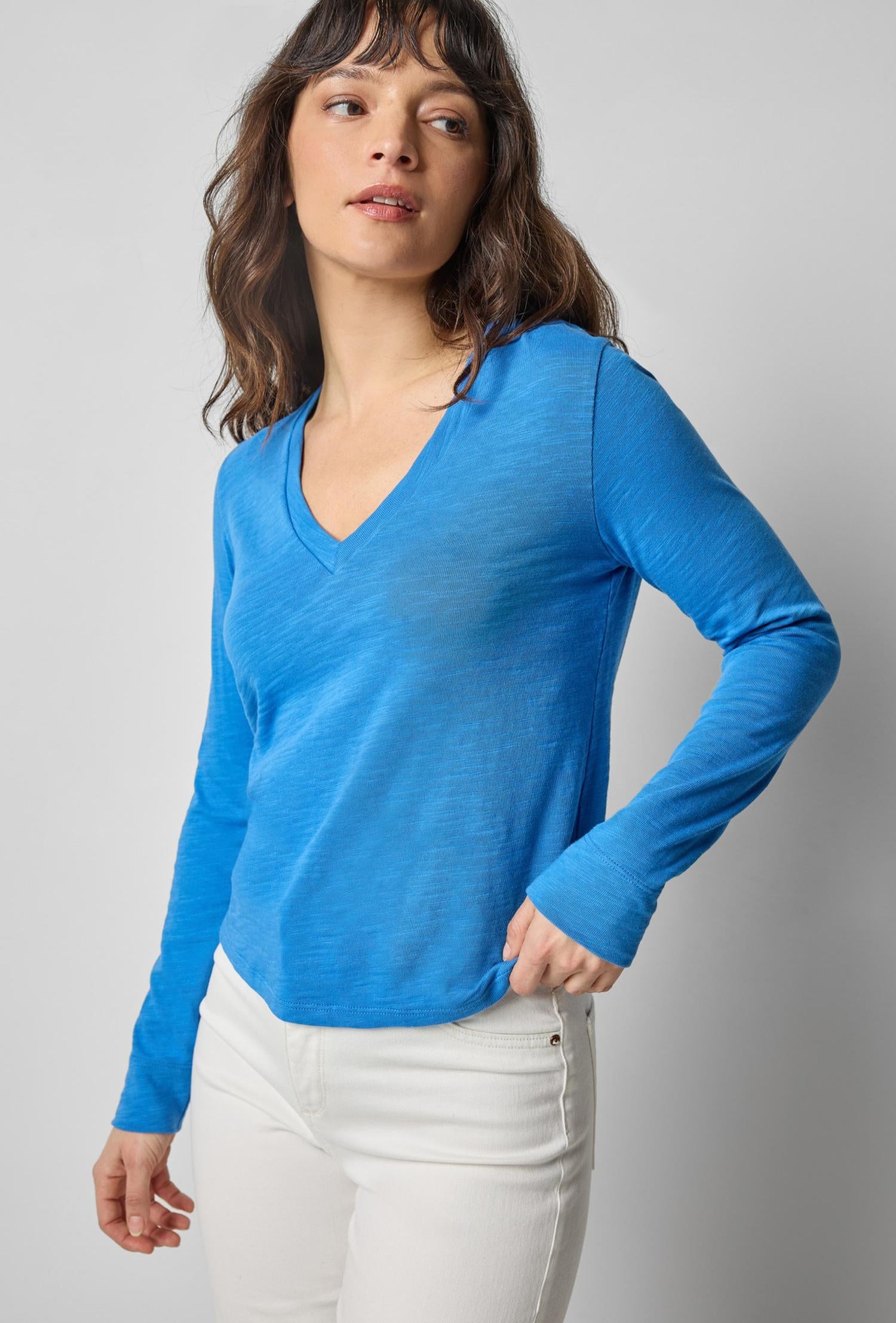 Long Sleeve Self Trim V-Neck - Lapis