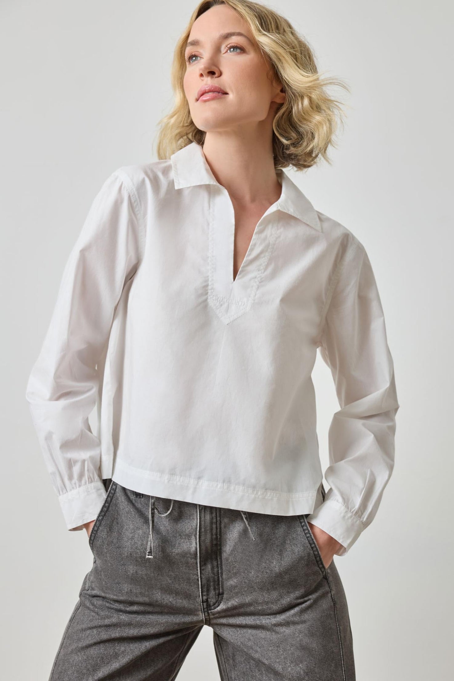 Striped Split Neck Collared Shirt - White