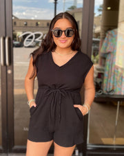 V Neck Gauze Romper with Straps "Black"