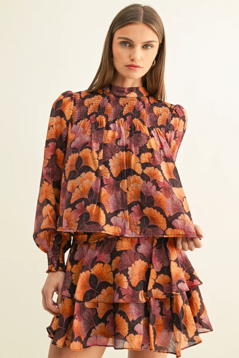 Poppy Smocked Long Sleeve Top - Burgundy Multi