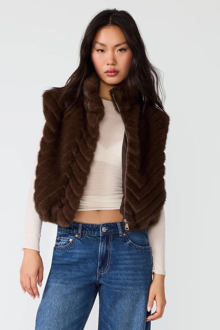 Luxie High Collar Bubble Chevron Fur Vest - Dark Espresso