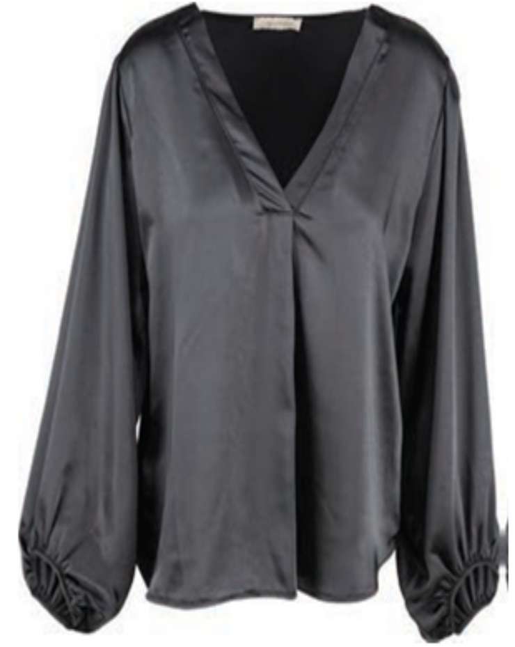 Long Sleeve V-Neck Satin Blouse - Black