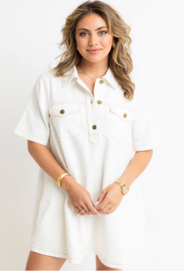 Denim Pocket Swing Shirt Dress - Ivory