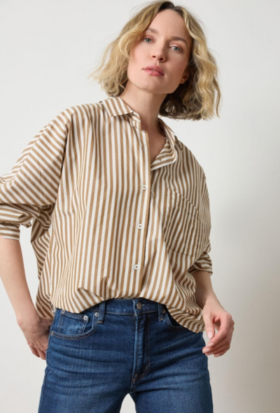Dolman Stripe  Sleeve Button Down - Dijon/Talc