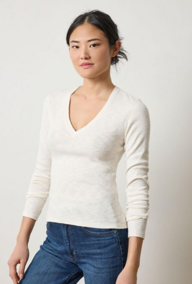 Rib Slub Long Sleeve V-Neck - Talc