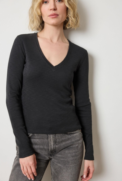 Rib Slub Long Sleeve V-Neck - Black