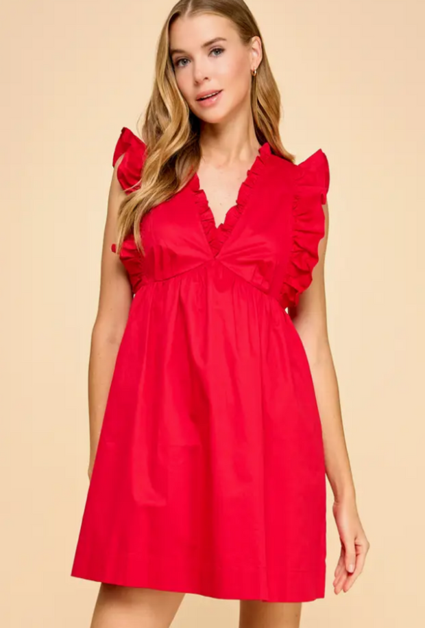 Sleeveless V-Neck Ruffle Mini Dress - Red