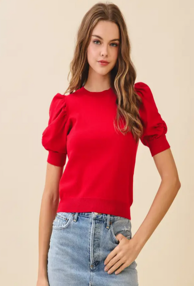 Short Sleeve Pleated Shoulder Top - Red