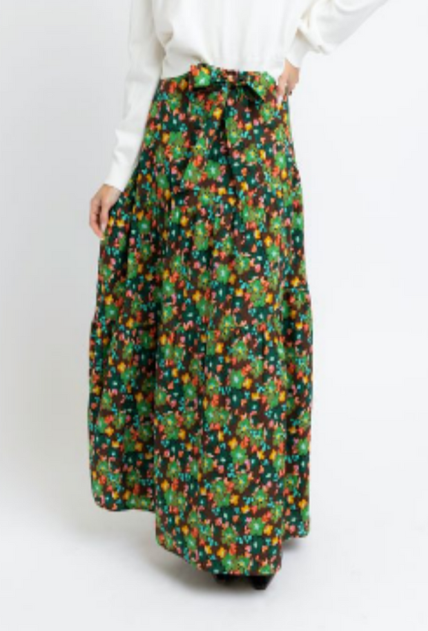 Floral Tie Maxi Skirt - Brown