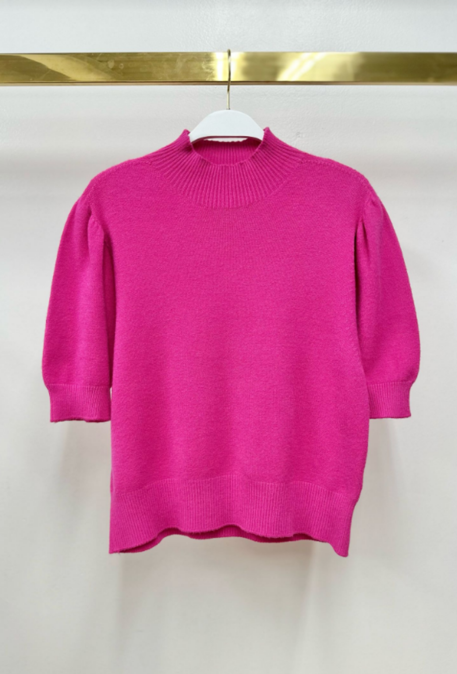Mock Neck Bubble Shoulder Knit Top - Fuchsia