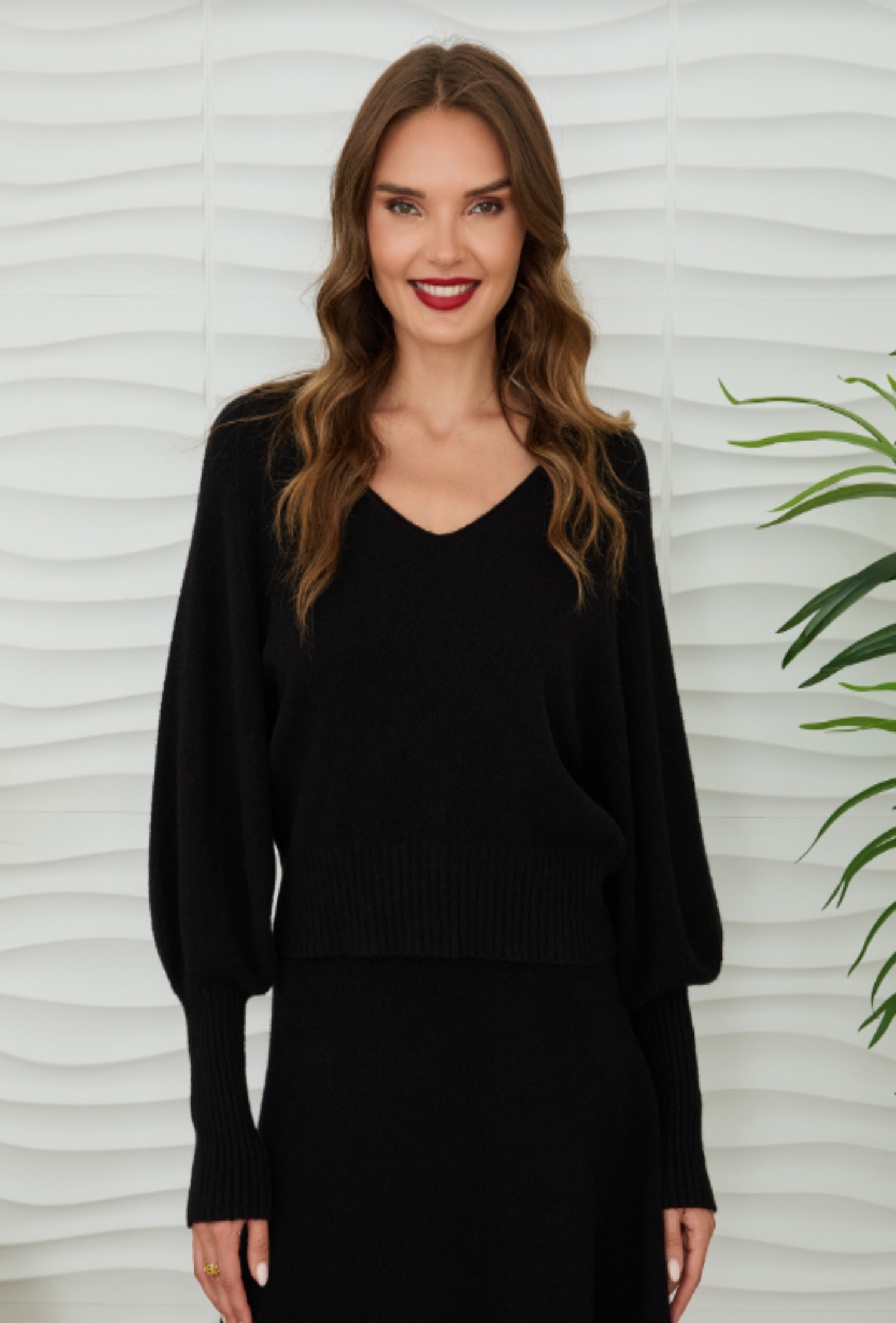 Ribbed Cuff Bubble Sleeve Knit Top - Black