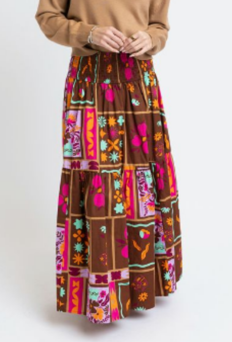 Floral Frame Tier Smock Maxi Skirt - Brown