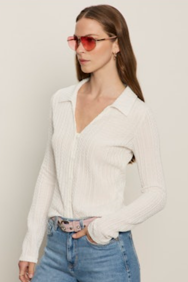 Button Down Textured Top - Chalk