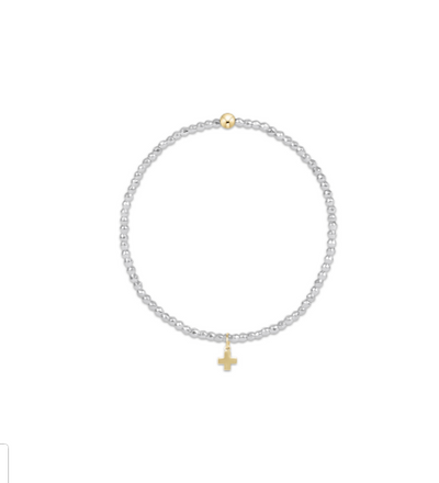 Bright Silver Faceted Hematite 2mm Bead Bracelet - Signature Cross Gold Charm