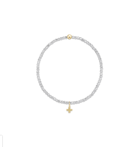 Bright Silver Faceted Hematite 2mm Bead Bracelet - Signature Cross Gold Charm