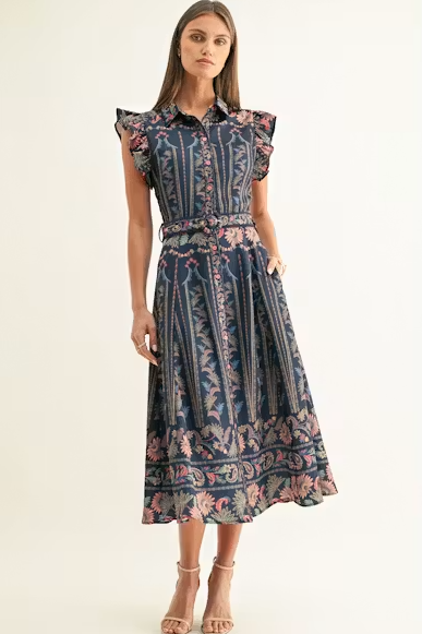 Karly Ruffled Sleeves Midi Dress - Navy Multi