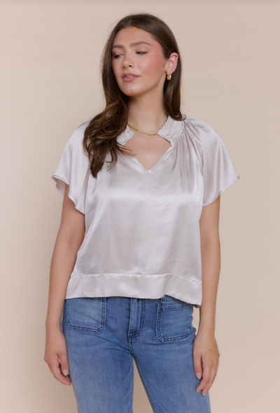 Brianna Short SLeeve Silk Top - Cream
