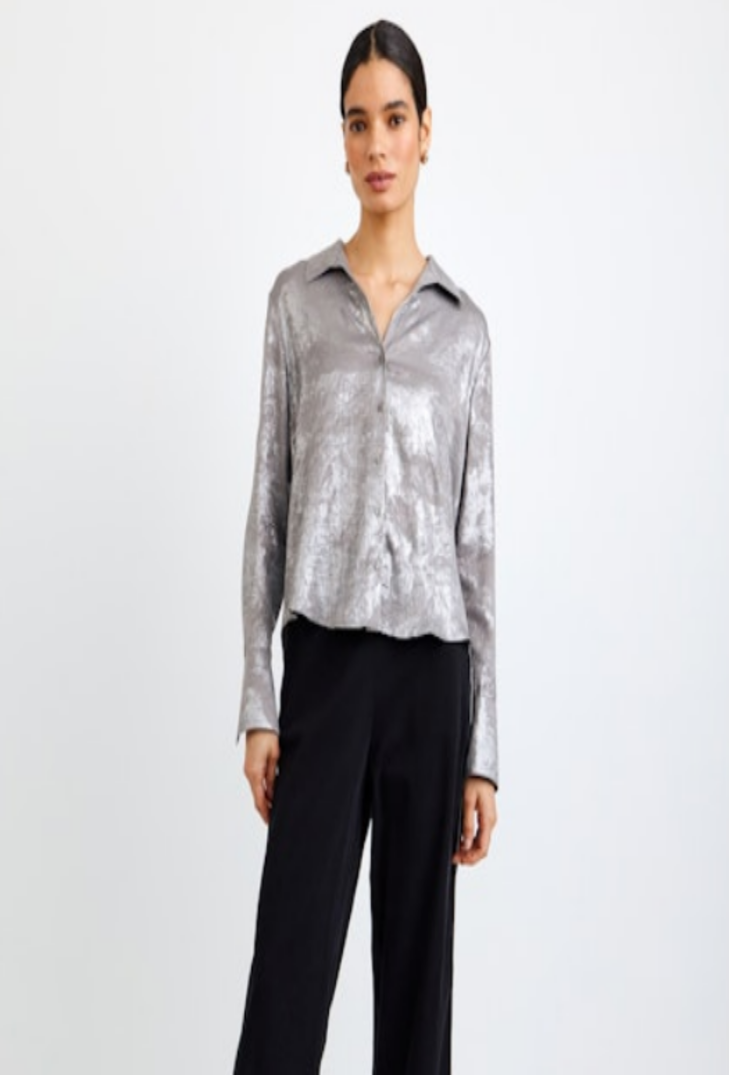 Metallic Collared Button Down Top - Silver Foil