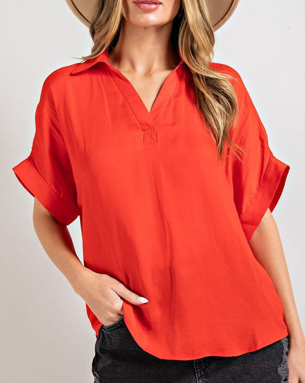 Collared V Neck Short Sleeve Blouse (Available in 2 Colors)