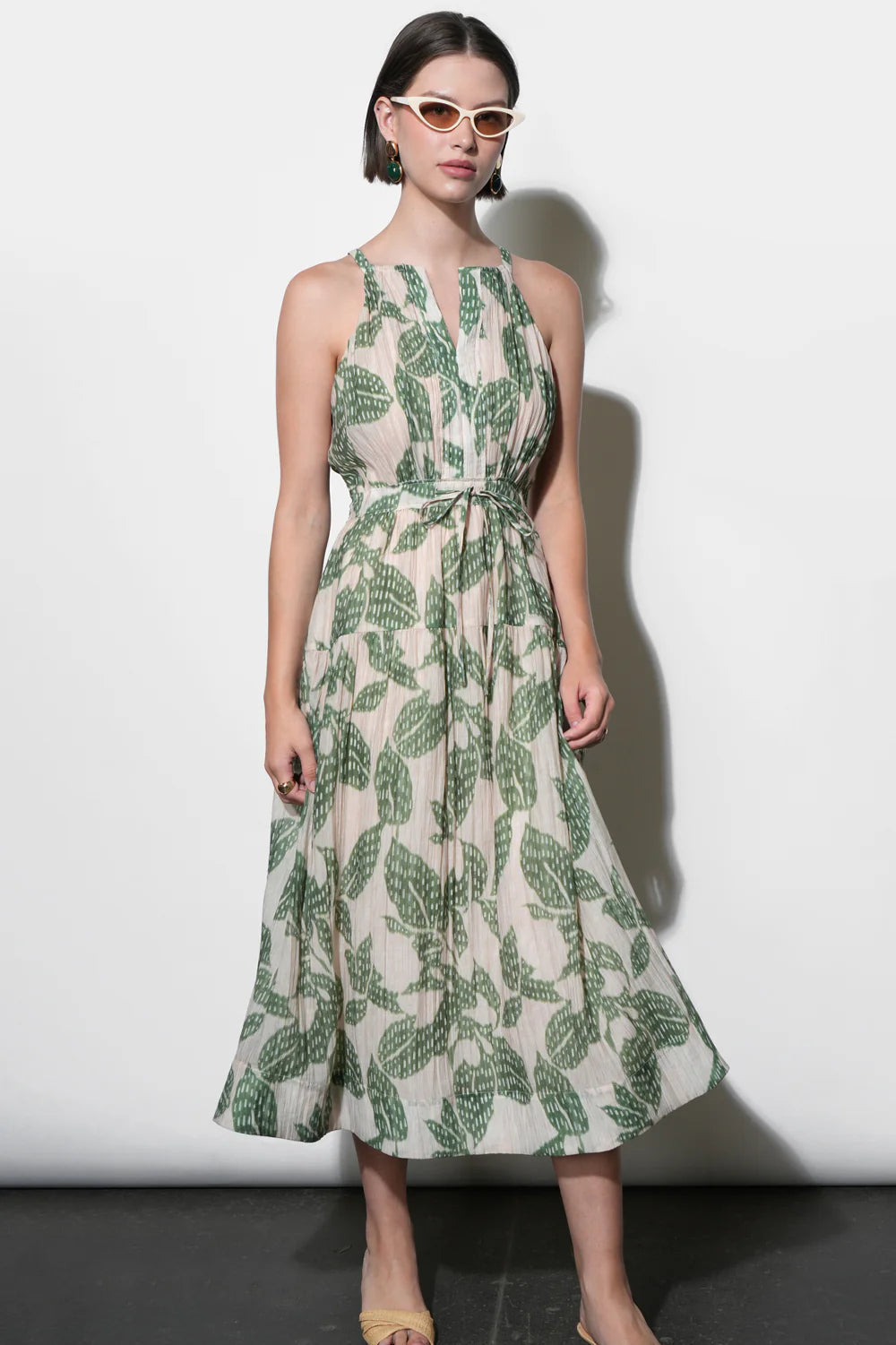 Veneria Halter Leaf Print Midi Dress - Green/Beige