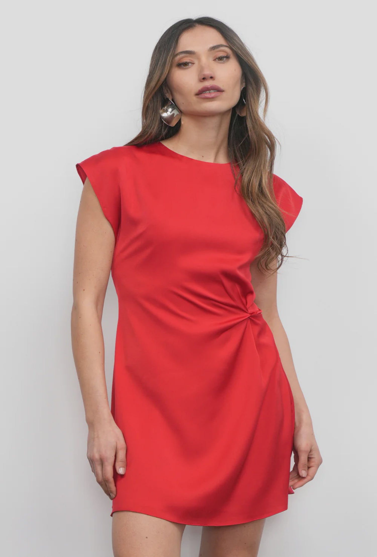 Watson Sleeve Satin Side Twist Mini  Dress - Red