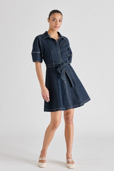 Steve Madden Lorie Short Sleeve Denim Shirt Dress, Womens, 2, Dark Indigo