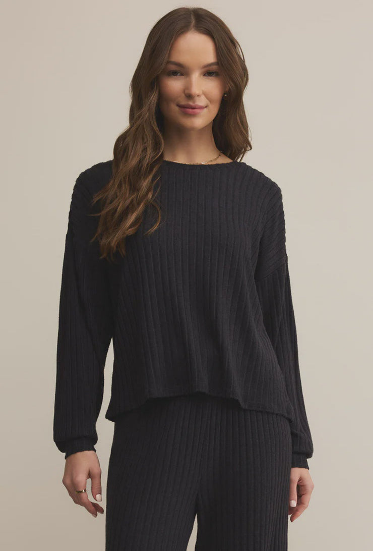 Daydream Rib Long Sleeve Top - Black Sand