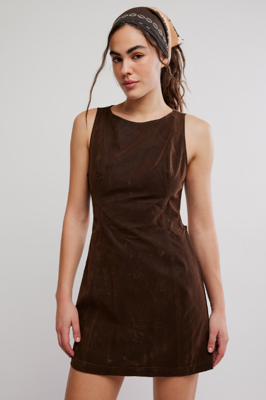 chocolate brown suede dress Mac Duggal Sleeveless Mesh And Suede A-line Mini Dress