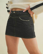 Pearl Pocket Detail Denim Skirt - Black Denim