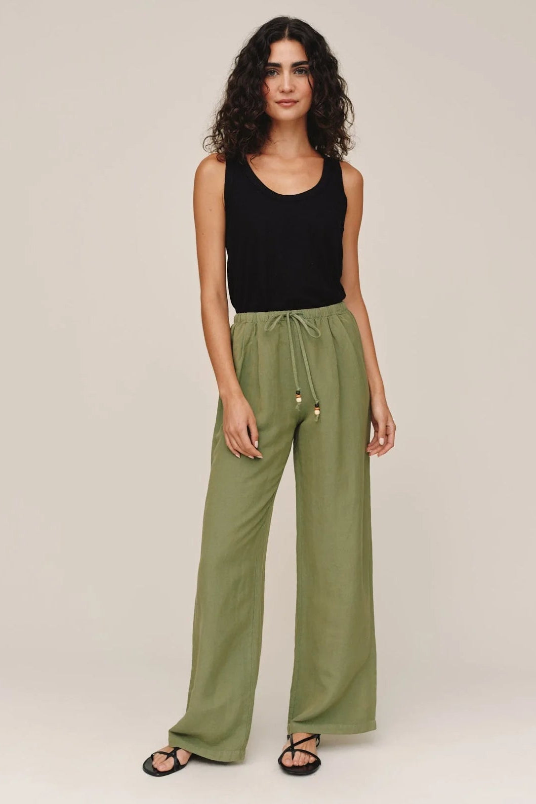 Beaded Drawstring Beach Pant - Olive Leaf