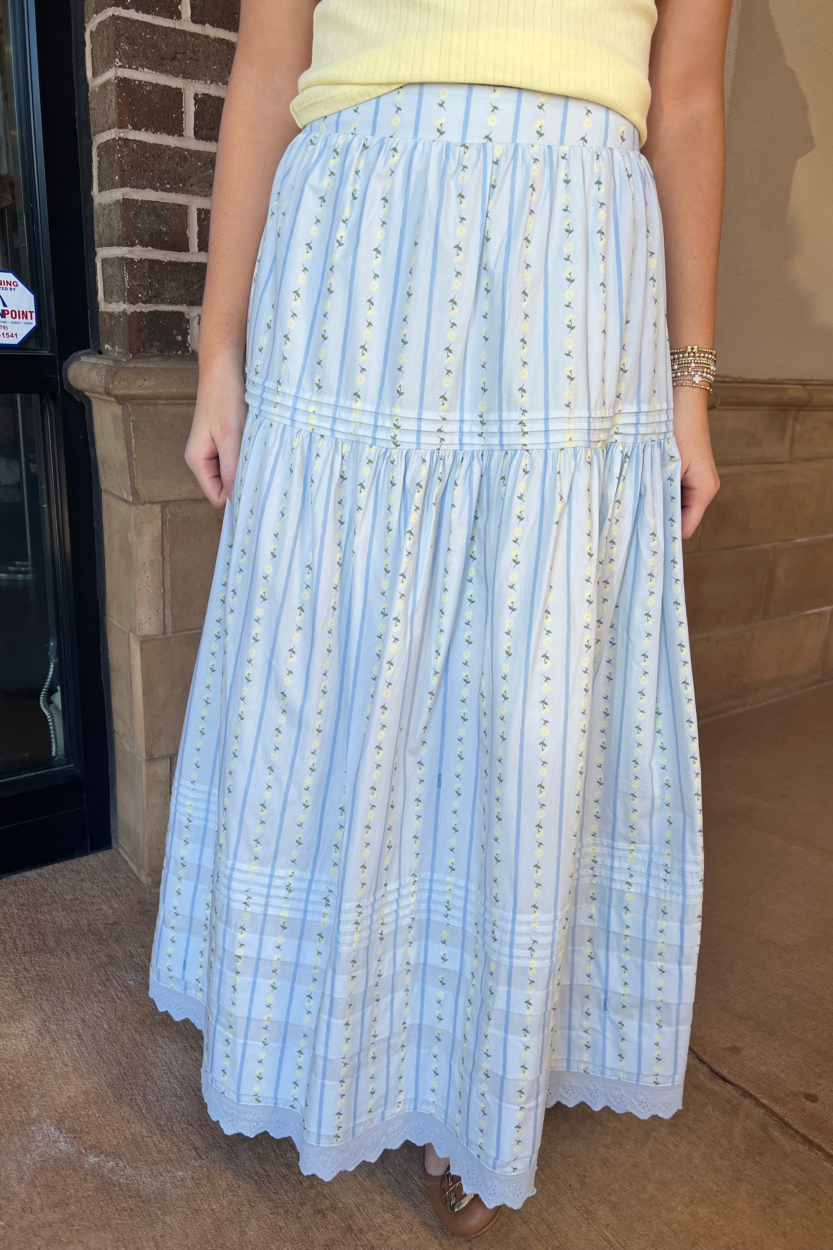 Floral Stripe Maxi Skirt -Blue
