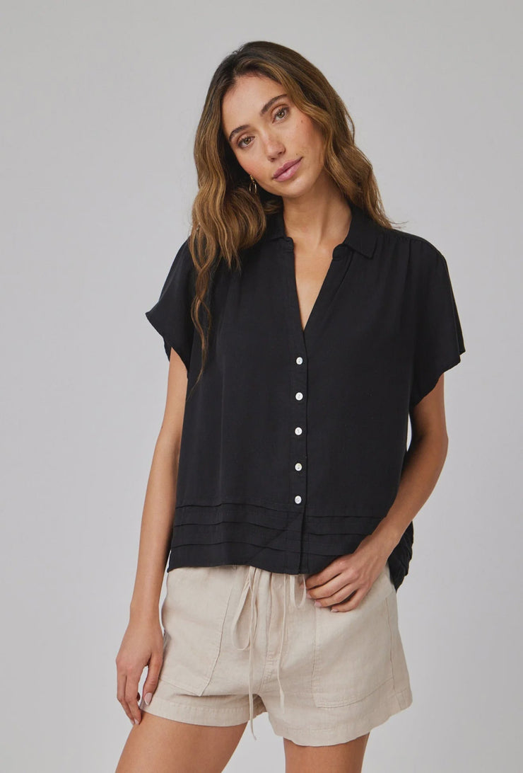 Cap Sleeve Pintuck Button Down - Black