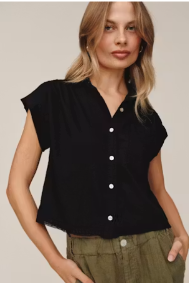 Cap Sleeve Trimmed Shirt - Black