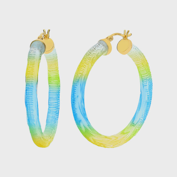 Ombre Painted Lucite Hoop Earrings - Blue/Yellow
