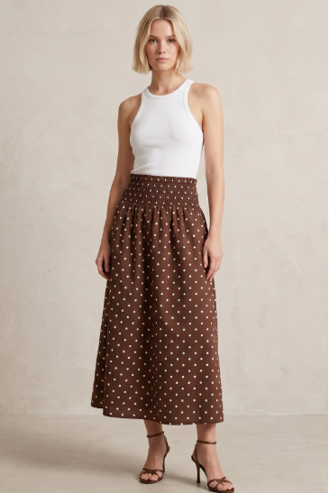 Janice Elastic Waist Skirt - Chocolate Polka Dot