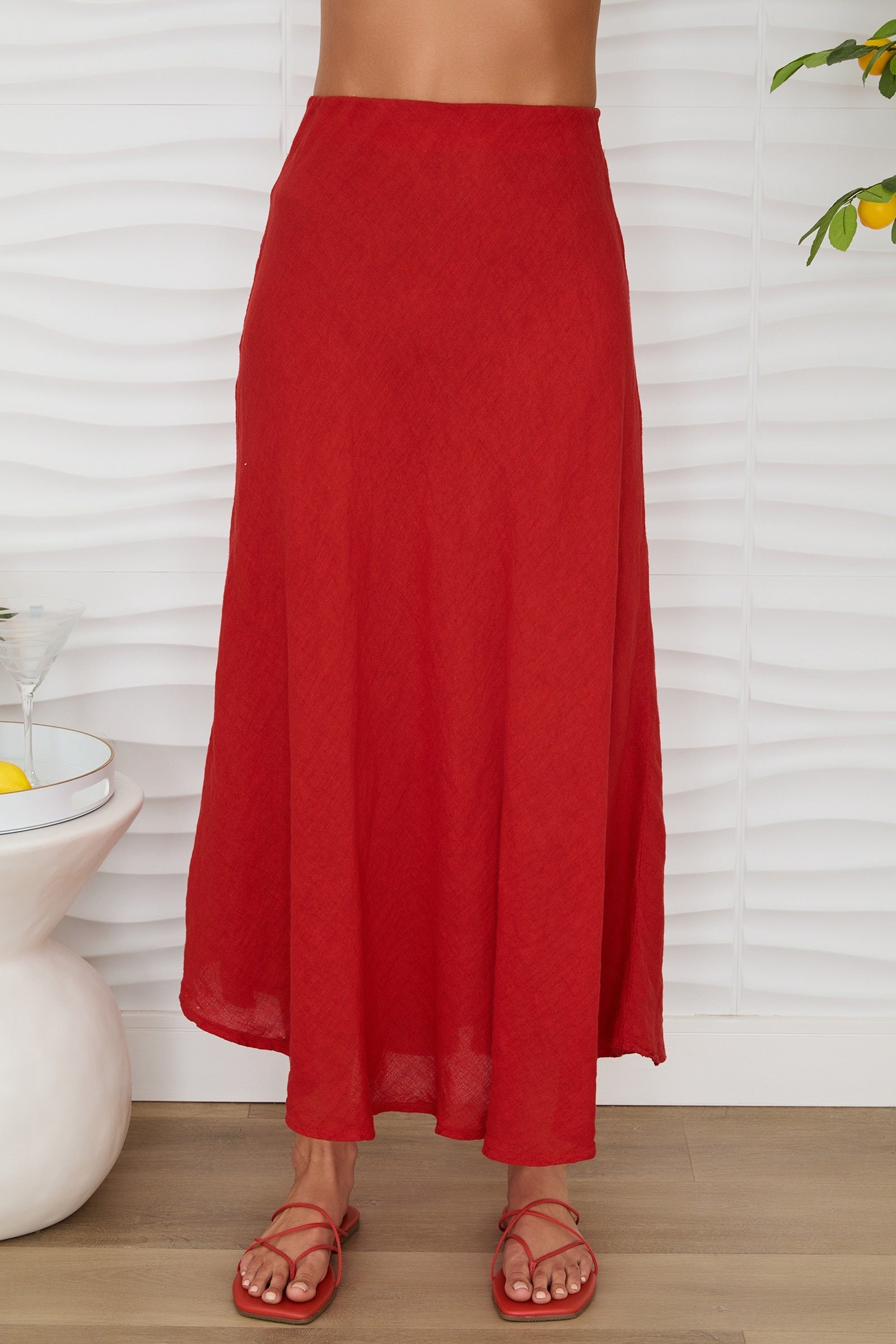 Crinkle Linen Midi Skirt - Red Flame
