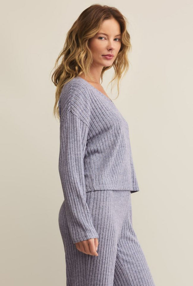 Valentina Rib Long SLeeve Top - Worn Blue